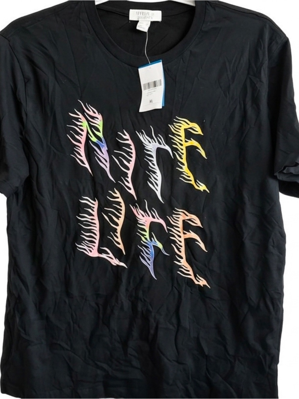 Men’s Forever 21' Black Graphic Tee with Colorful Nite Life Flame Print XL